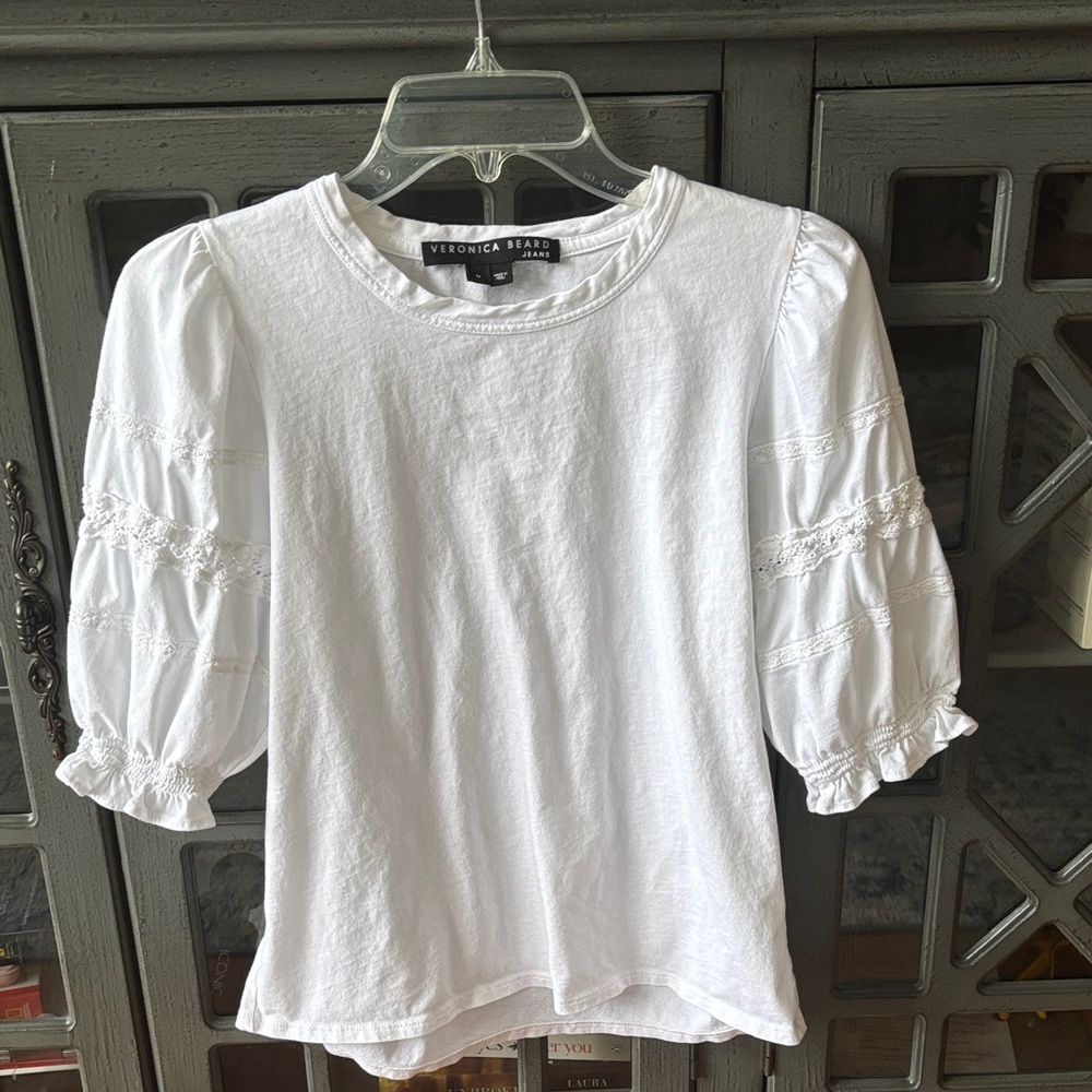 Veronica Beard Crisp White Blouse with Puff Sleeves